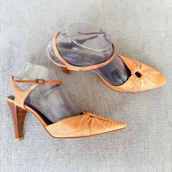 GIORGIO ARMANI Womens Croc Embossed Leather Heels Brown Tan Slingback Sz 38 1/2 - Picture 2 of 13